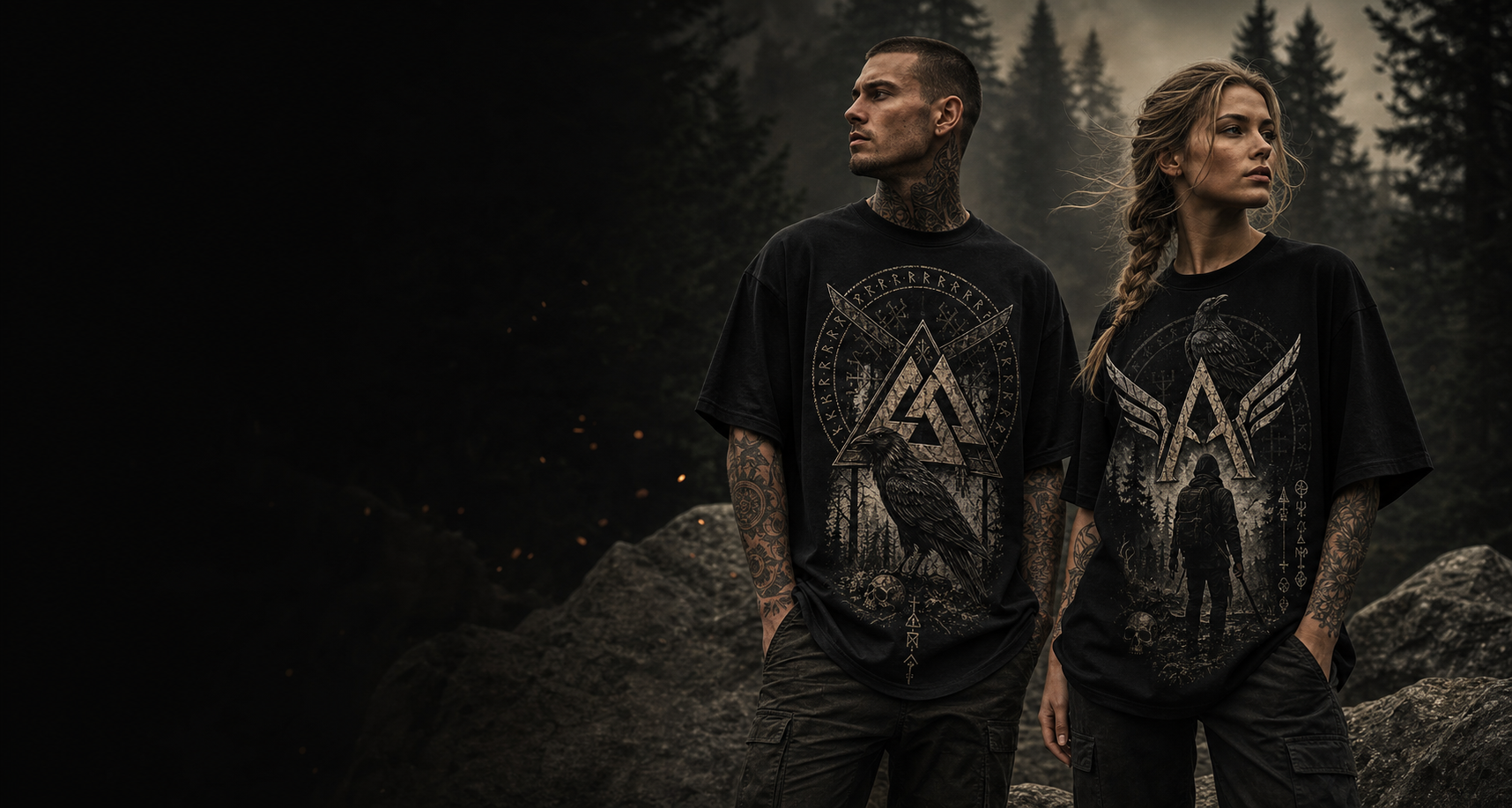 Modelos Aesir usando camisetas da coleção nórdica